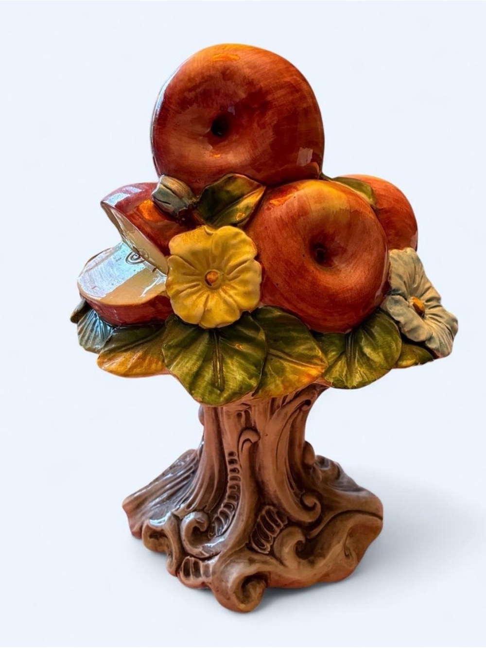 Hand-Painted vintage MCM Ceramic Apple Fruit Pedestal Sculpture - Italian